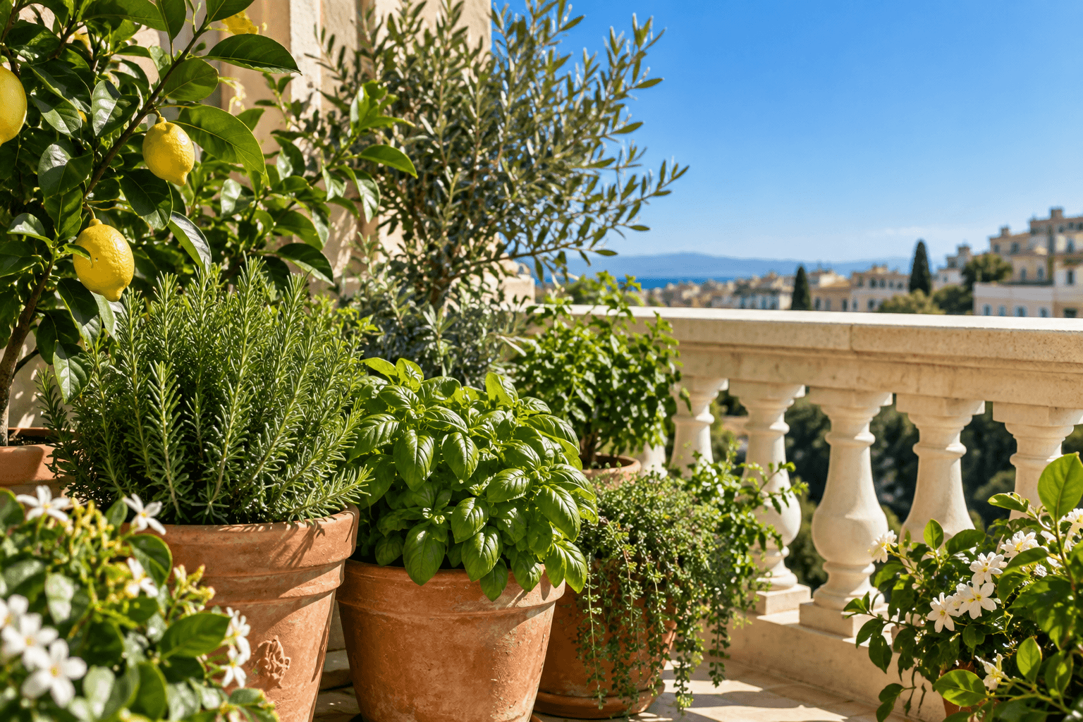 Piante e vasi in terracotta illuminati dal sole su un balcone verde